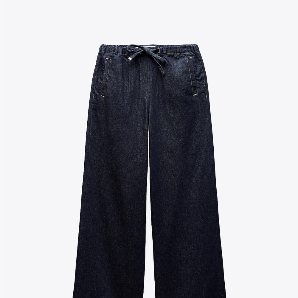 Zara Navy dark blue Denim Z1975 HIGH RISE WIDE LEG JOGGER JEANS size XL